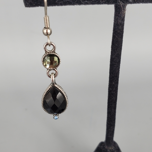 Monet Navy and Green Silvertone Dangle Drop Earrings - Picture 2 of 5